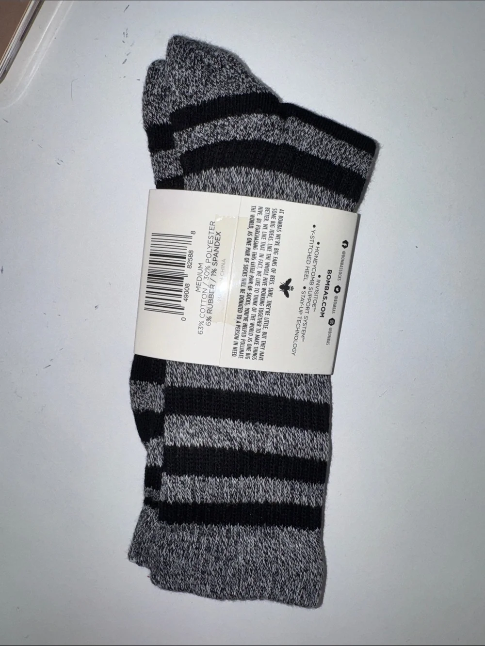 Bombas Black and Gray Crew Socks - Striped Athletic Pair